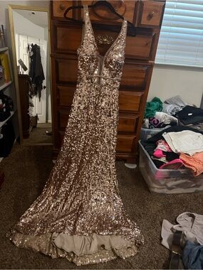 Cinderella Divine Sequin Strapless Dress in Rose Beige